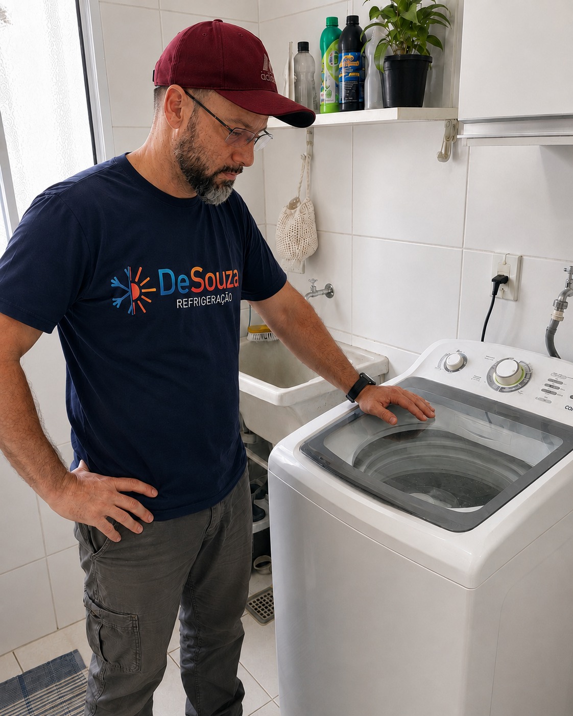 Técnico da DeSouza consertando uma lavadora de roupas na casa do cliente